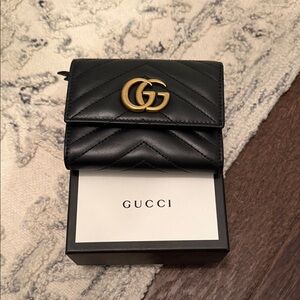 Gucci Black Leather Card Holder with Gold Logo